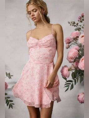 Urban Outfitters | Over The Horizon Fit-And-Flare Chiffon Mini Dress New Pink